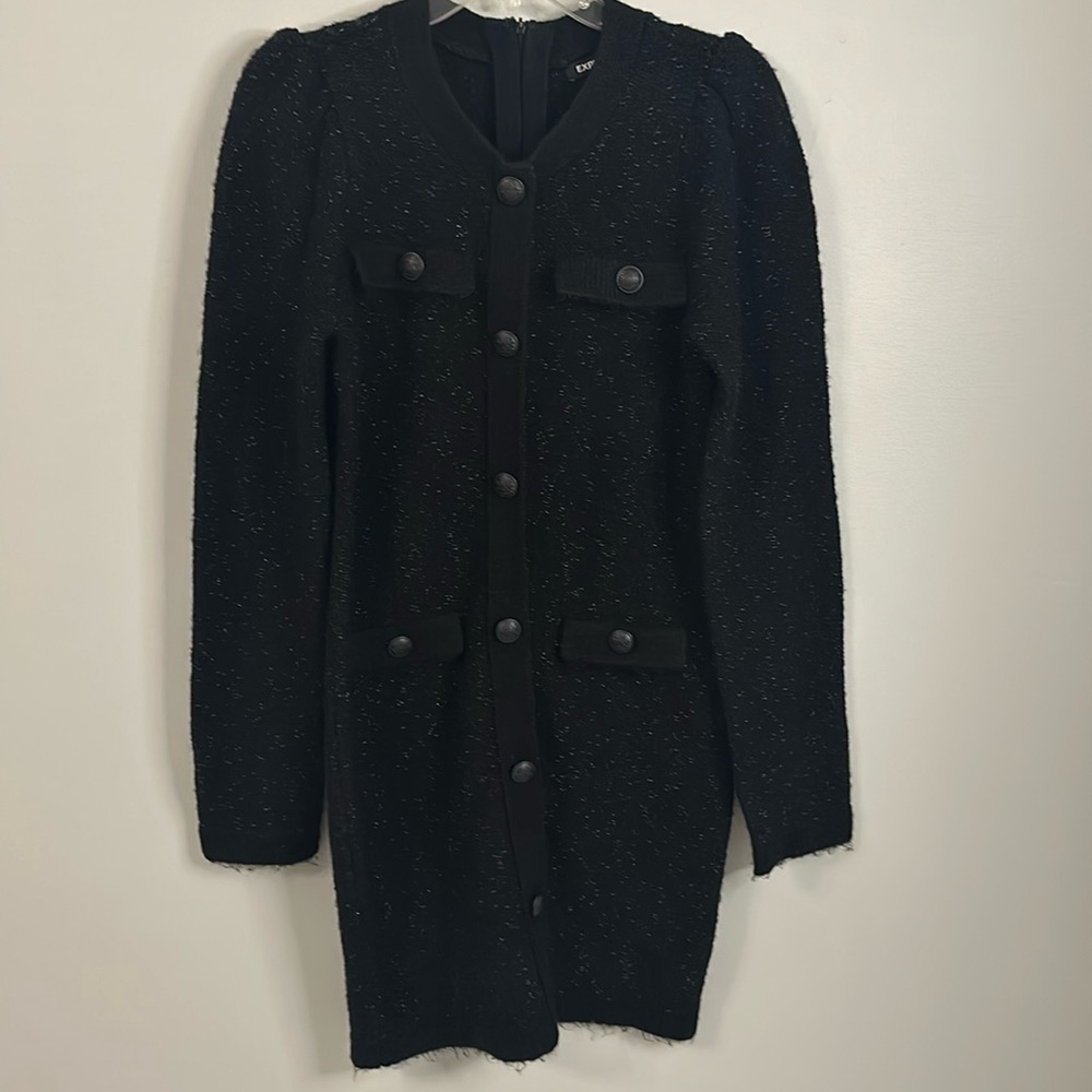 Express, black metallic tweed sweater button down dress, women’s small